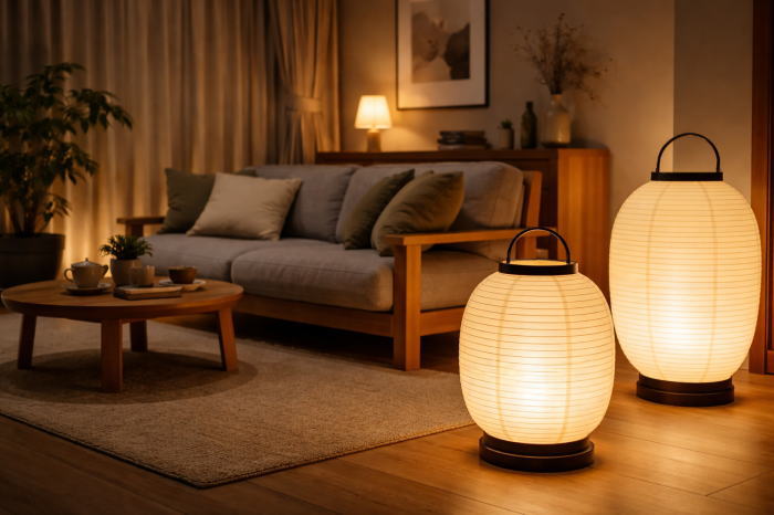 提灯型の和紙間接照明があるリビング